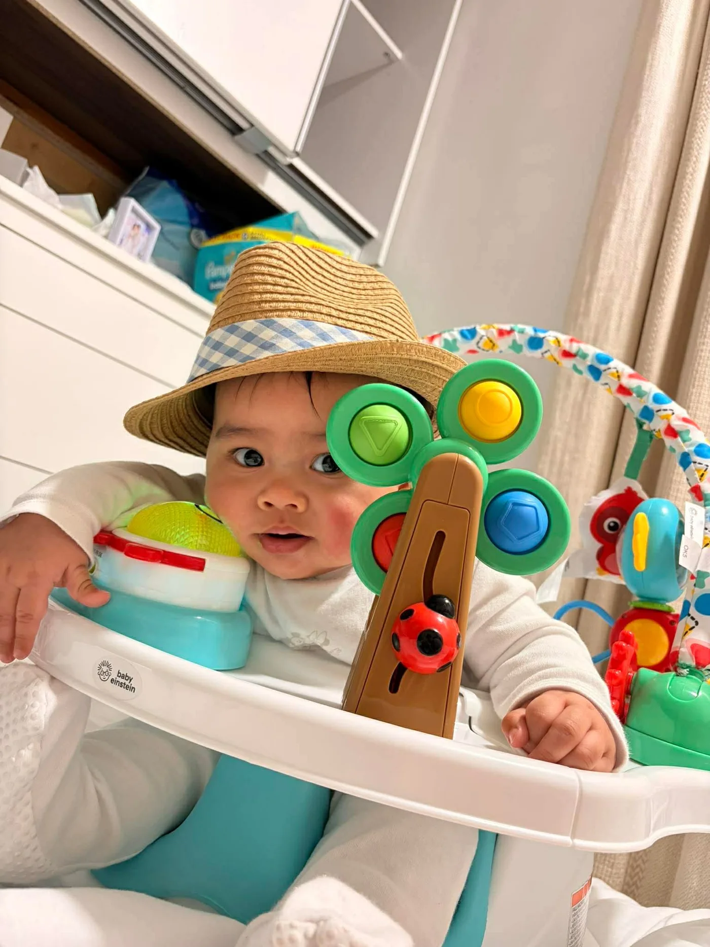 Kensho in a little hat, surrounded by colorful toys
